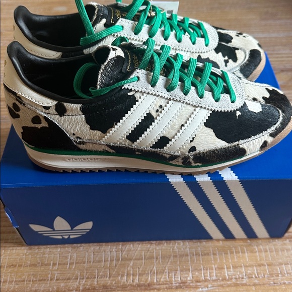 Adidas Black and White Cow Print Shoes with Green Laces SL 72 OG women - Picture 2 of 6